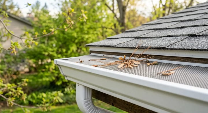 Gutter guard with pine needles and spring debris resting on top of the mesh.