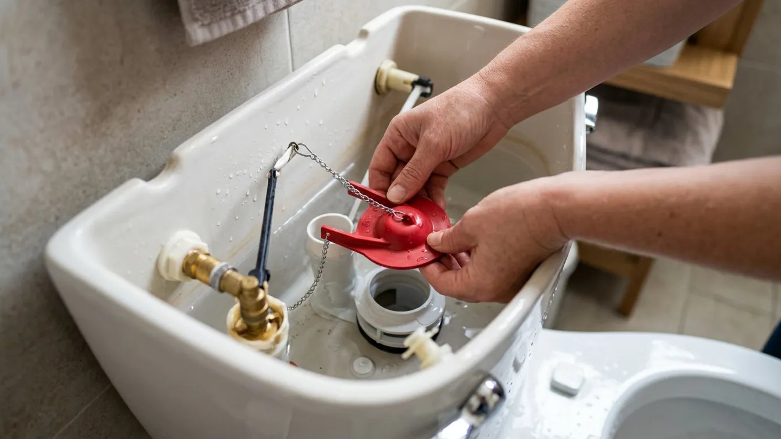 A homeowner replacing the red rubber flapper valve inside a toilet tank.