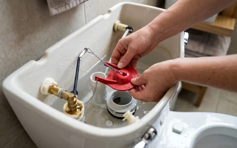 A homeowner replacing the red rubber flapper valve inside a toilet tank.