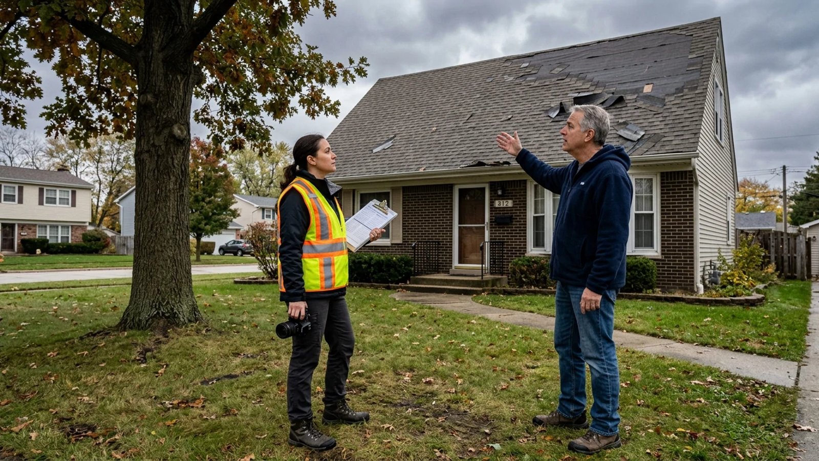 Insurance adjuster inspecting roof damage with a homeowner after a hurricane.