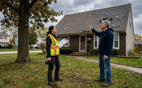 Insurance adjuster inspecting roof damage with a homeowner after a hurricane.