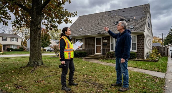 Insurance adjuster inspecting roof damage with a homeowner after a hurricane.