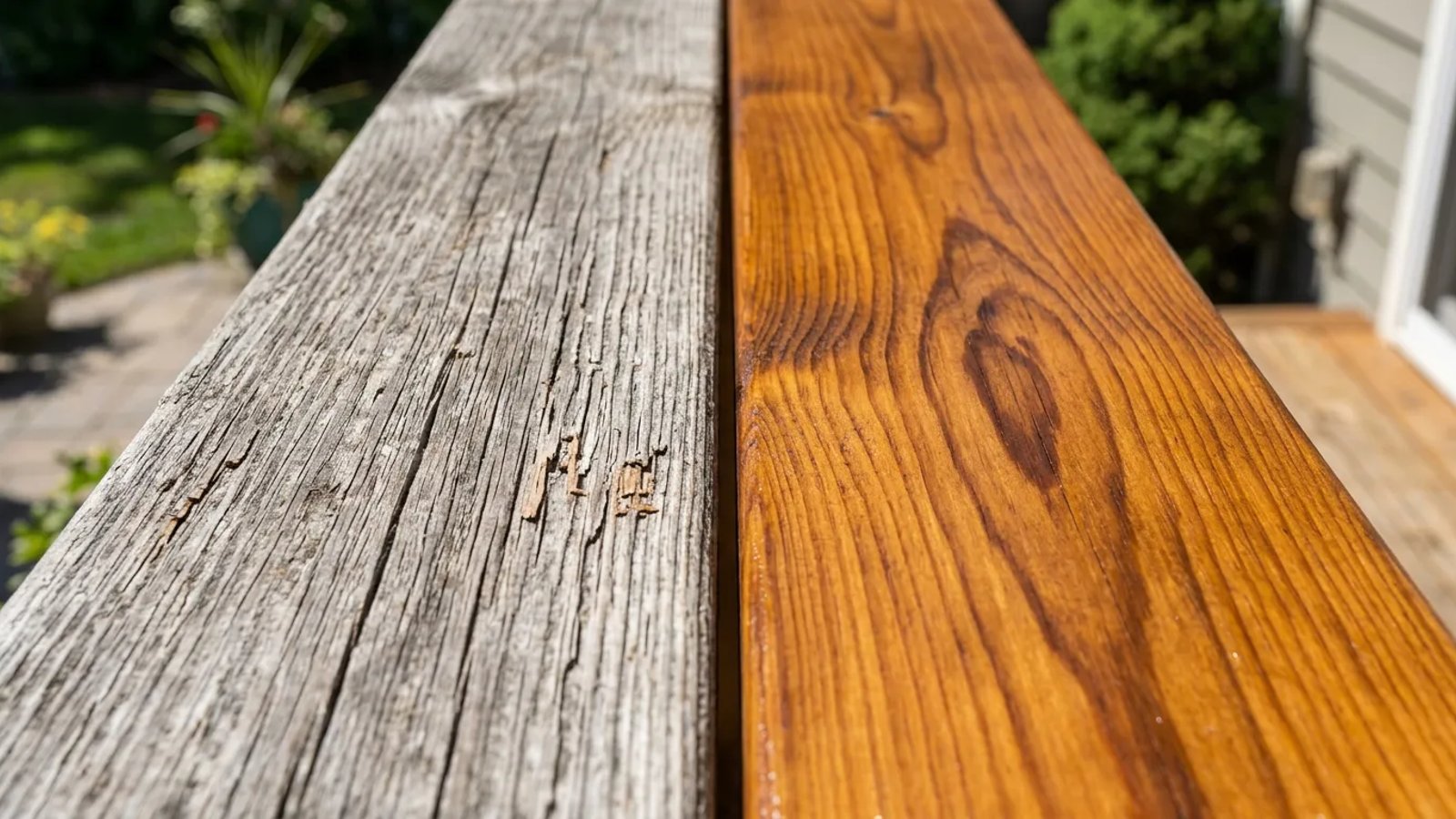 Before and after of a weathered gray deck board restored to a rich brown, splinter-free finish