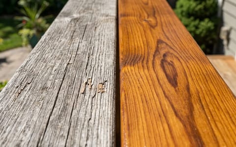 Before and after of a weathered gray deck board restored to a rich brown, splinter-free finish