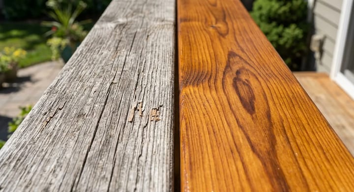 Before and after of a weathered gray deck board restored to a rich brown, splinter-free finish