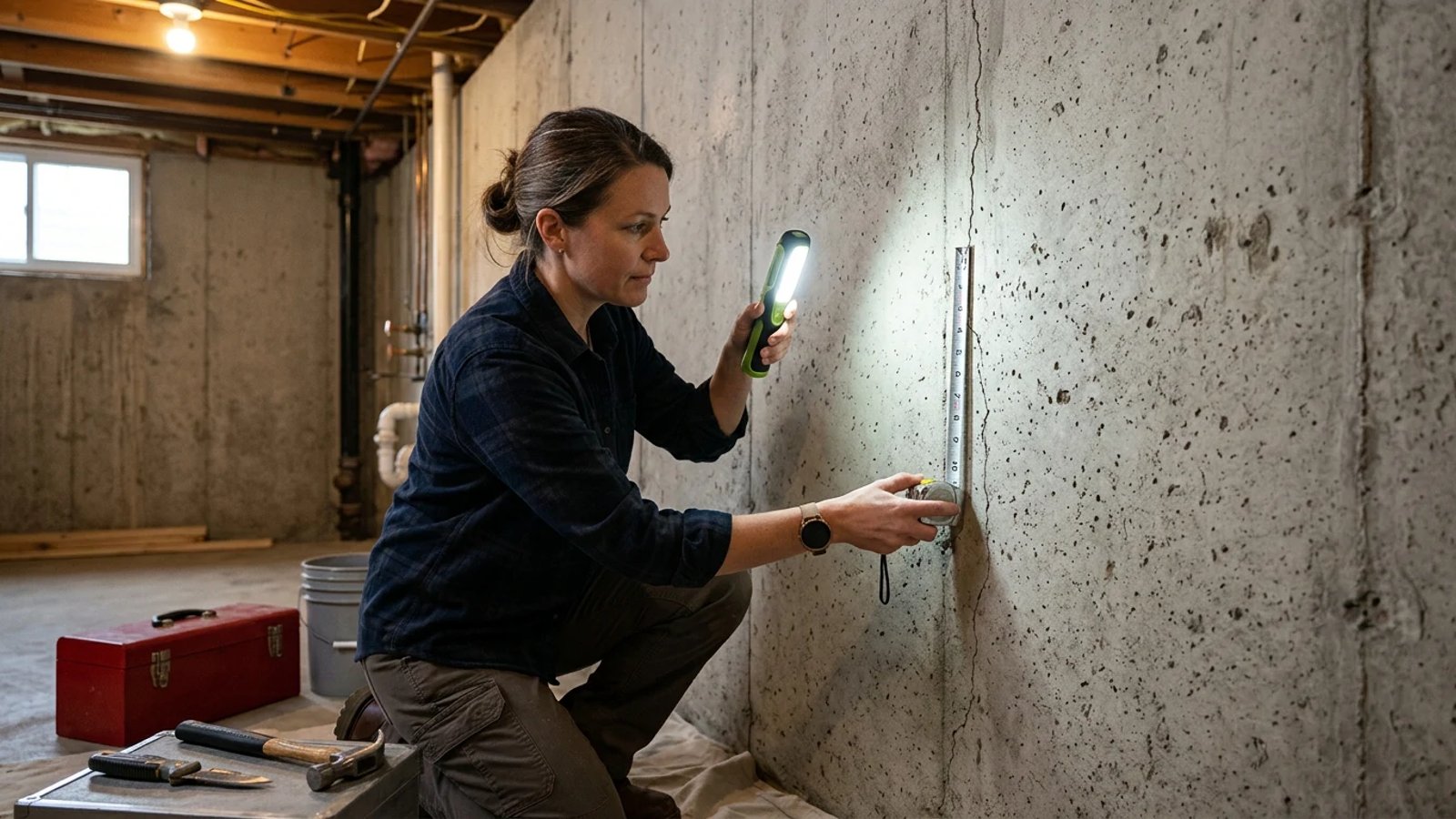 Homeowner inspecting a foundation crack in a concrete basement wall