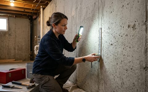 Homeowner inspecting a foundation crack in a concrete basement wall