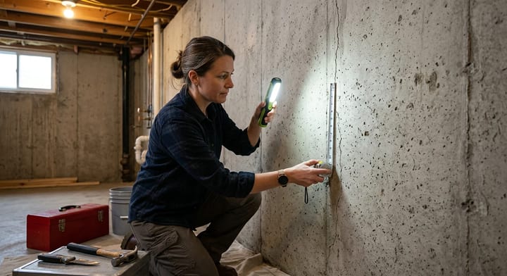 Homeowner inspecting a foundation crack in a concrete basement wall