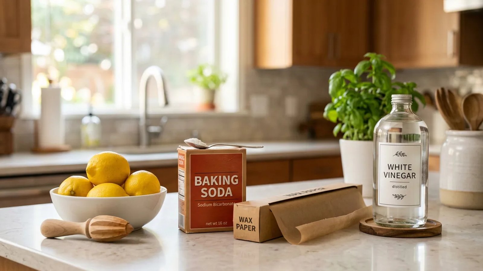 Everyday household items like lemons, vinegar, and wax paper arranged on a kitchen counter for DIY maintenance.
