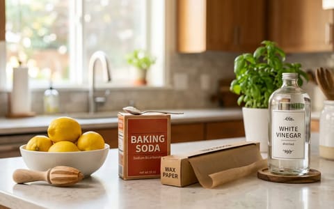 Everyday household items like lemons, vinegar, and wax paper arranged on a kitchen counter for DIY maintenance.
