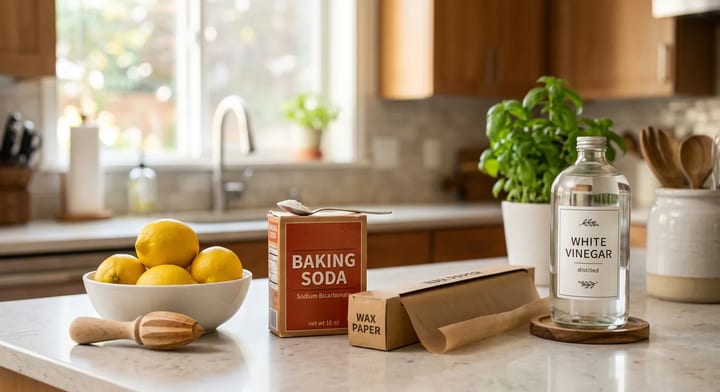 Everyday household items like lemons, vinegar, and wax paper arranged on a kitchen counter for DIY maintenance.