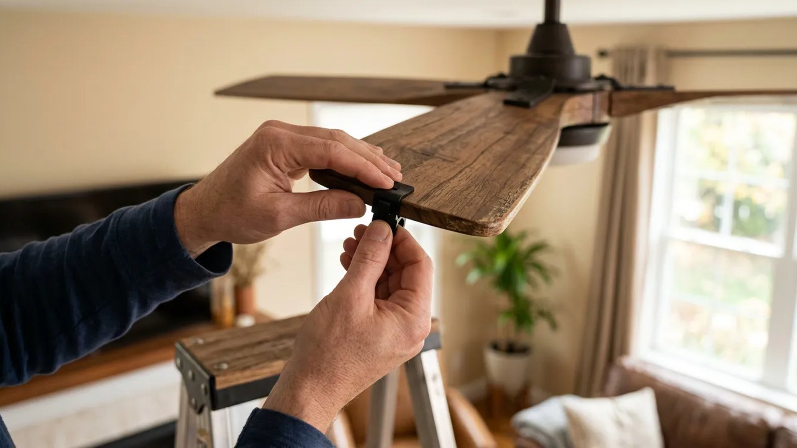 Applying a plastic balancing clip to a wooden ceiling fan blade.