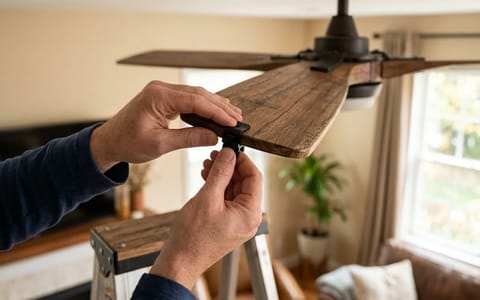 Applying a plastic balancing clip to a wooden ceiling fan blade.