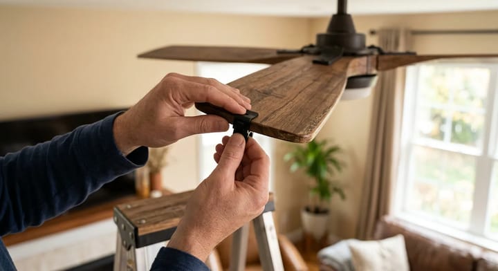 Applying a plastic balancing clip to a wooden ceiling fan blade.