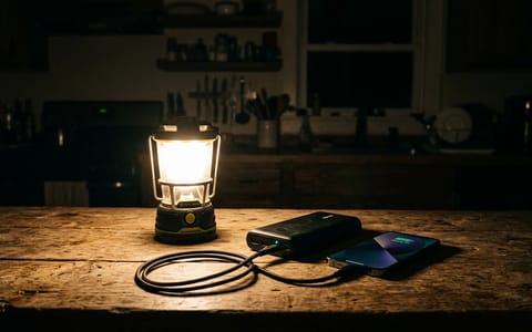LED lantern and charging smartphone on a kitchen counter during a power outage
