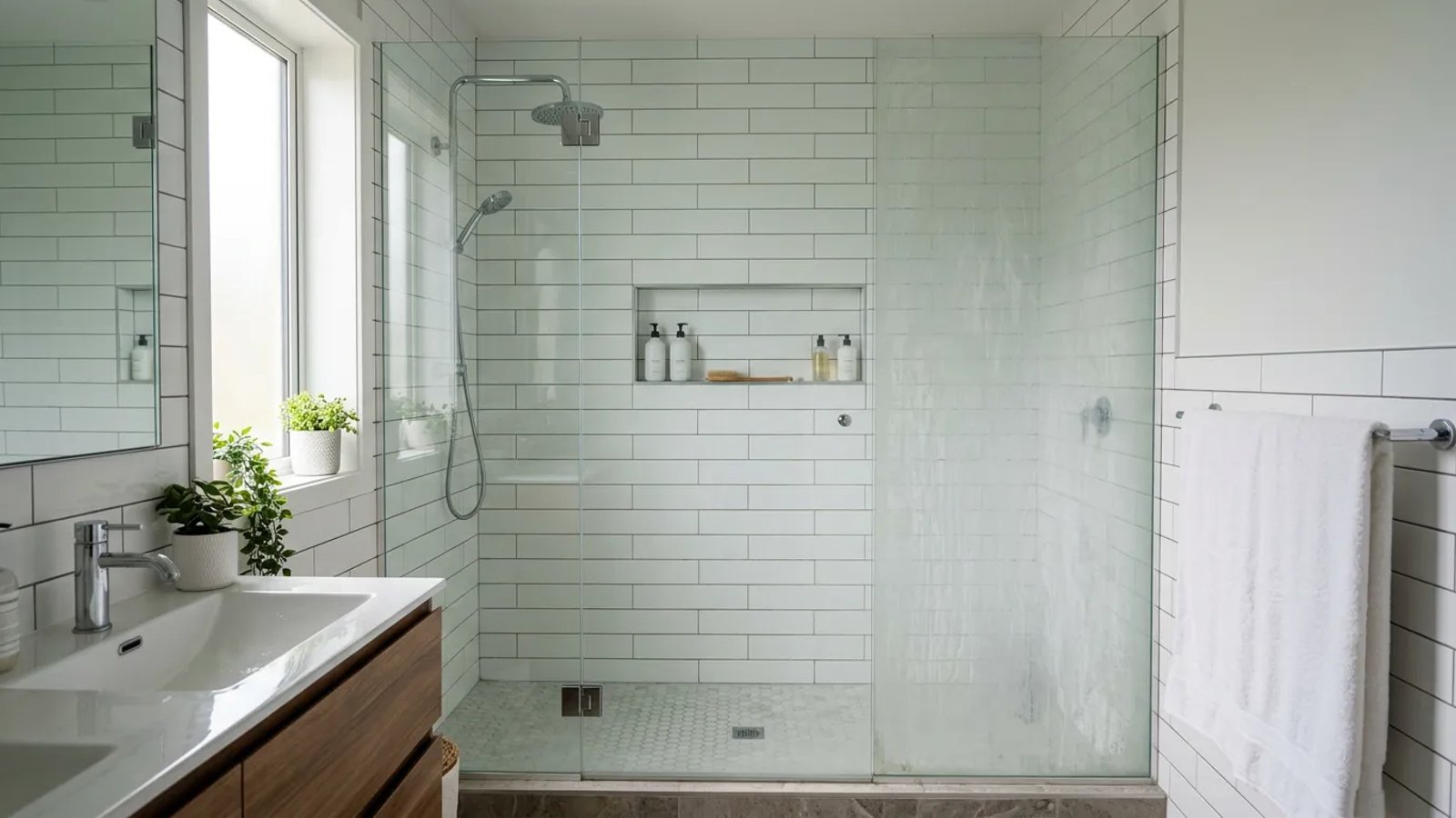 A glass shower door showing a before-and-after comparison of hard water stain removal.