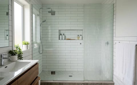 A glass shower door showing a before-and-after comparison of hard water stain removal.