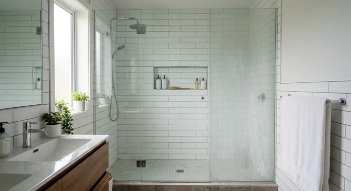 A glass shower door showing a before-and-after comparison of hard water stain removal.