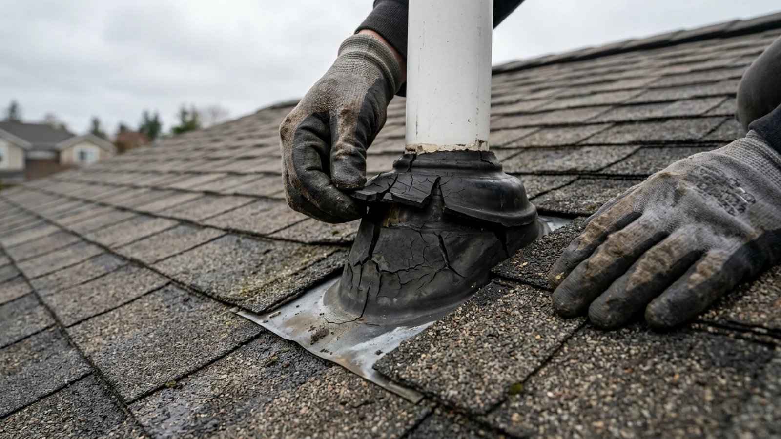 Roofer inspecting a damaged plumbing vent boot on an asphalt shingle roof