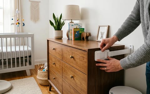 Parent installing an adhesive furniture anchor on a dresser in a nursery