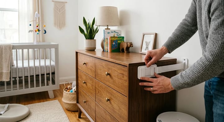 Parent installing an adhesive furniture anchor on a dresser in a nursery