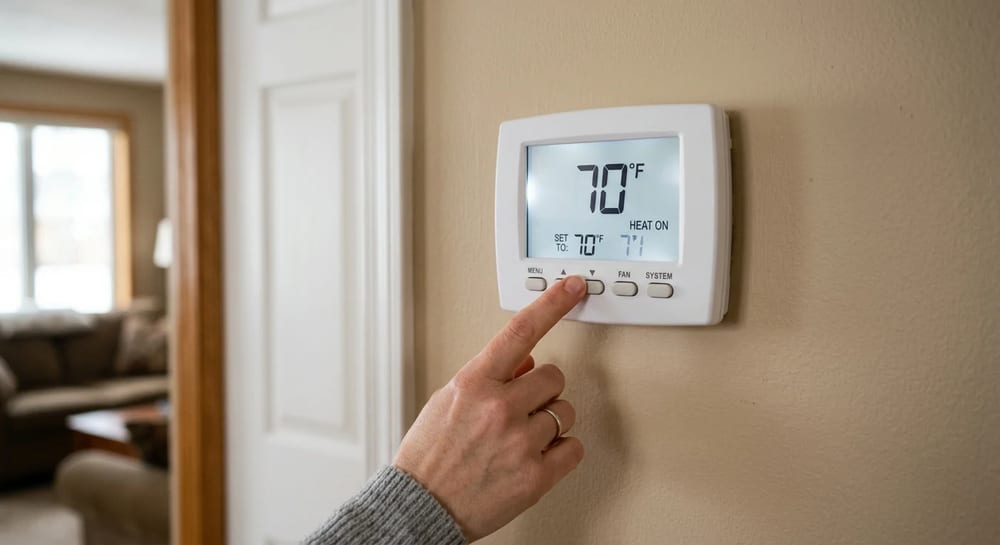 Adjusting a home thermostat to test the winter heating cycle