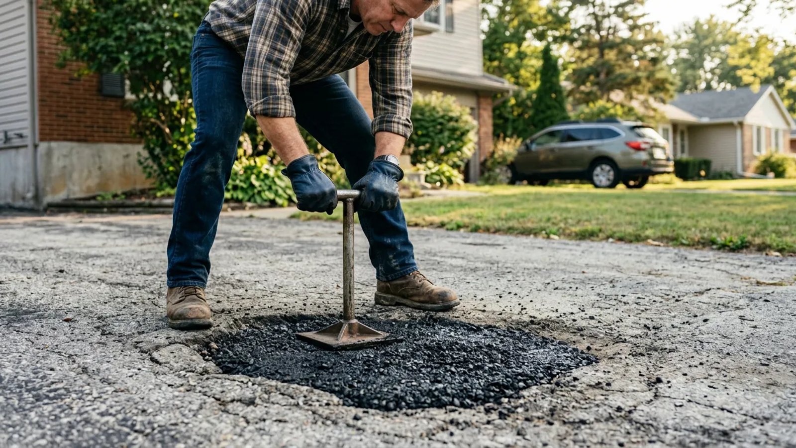 Homeowner tamping fresh cold patch asphalt into a driveway pothole