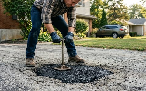 Homeowner tamping fresh cold patch asphalt into a driveway pothole