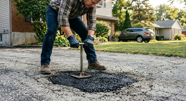 Homeowner tamping fresh cold patch asphalt into a driveway pothole