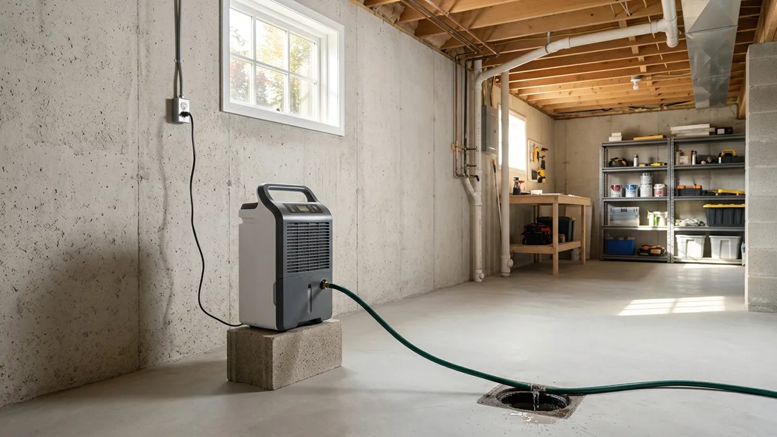 A modern dehumidifier set up on a concrete block draining into a basement floor drain