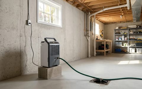 A modern dehumidifier set up on a concrete block draining into a basement floor drain