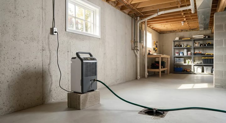 A modern dehumidifier set up on a concrete block draining into a basement floor drain