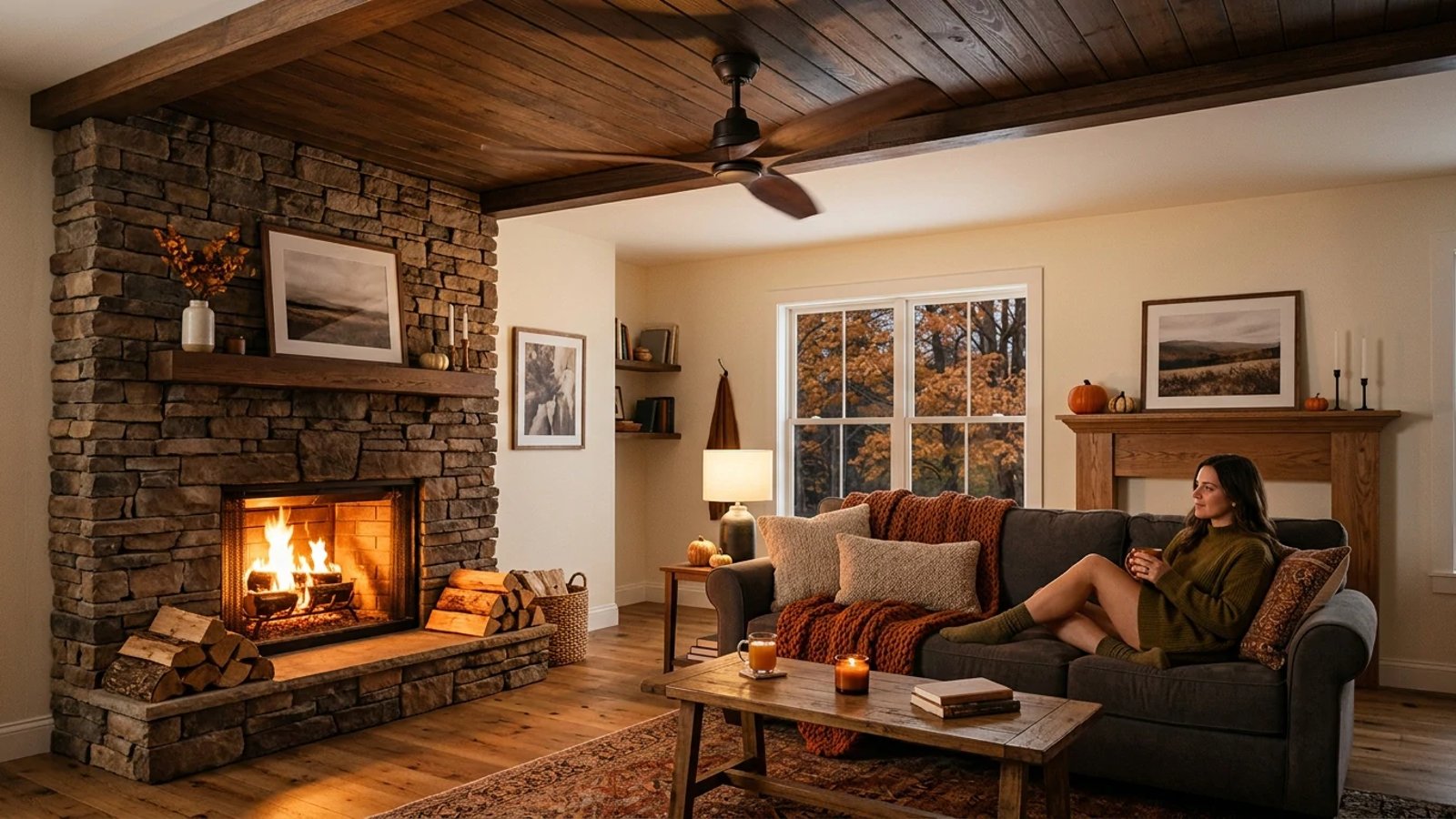 A modern ceiling fan spinning in a warm, cozy living room with a fireplace