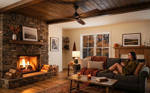 A modern ceiling fan spinning in a warm, cozy living room with a fireplace
