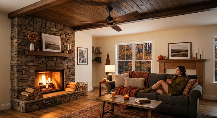 A modern ceiling fan spinning in a warm, cozy living room with a fireplace