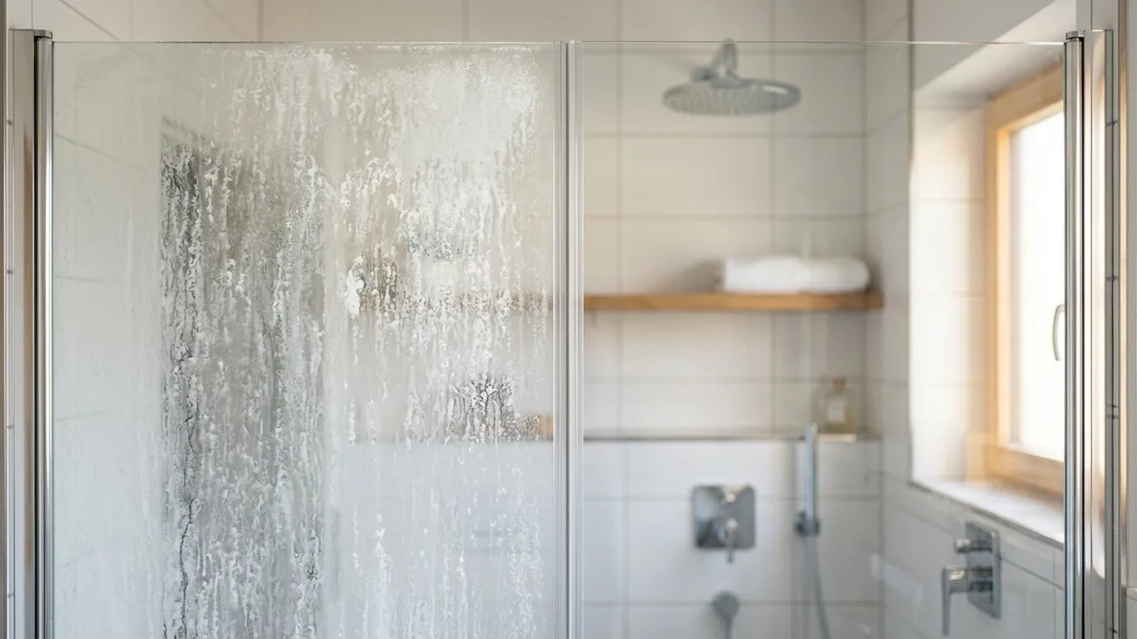 A glass shower door showing half cloudy etched glass and half polished clear glass.