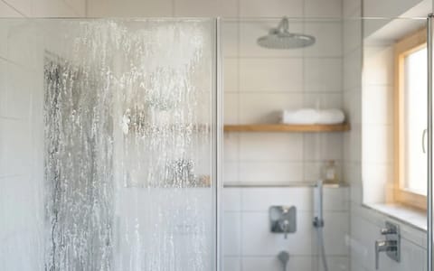 A glass shower door showing half cloudy etched glass and half polished clear glass.