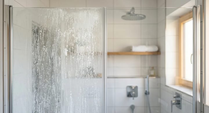 A glass shower door showing half cloudy etched glass and half polished clear glass.