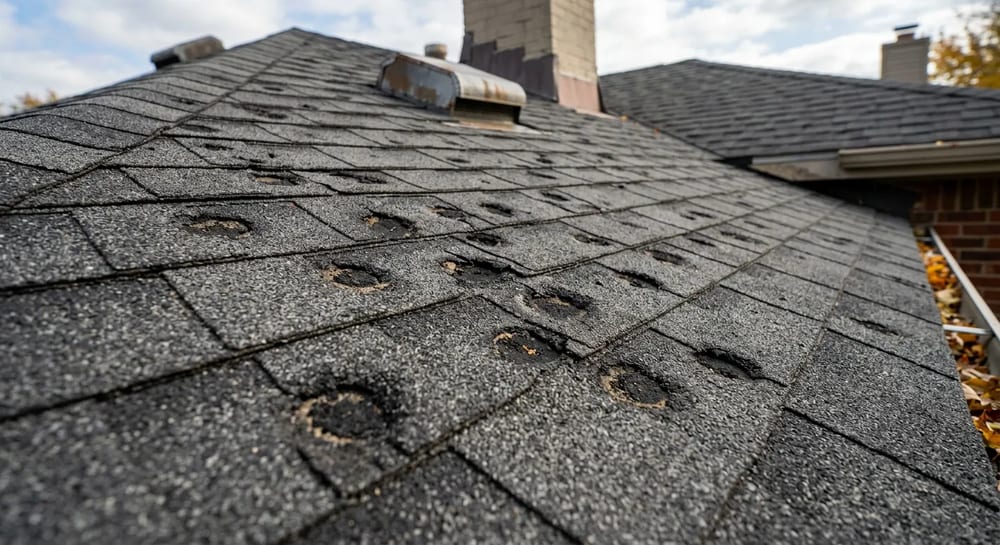 Hail damage leaves dark, bruised spots on shingles that will eventually turn into leaks.