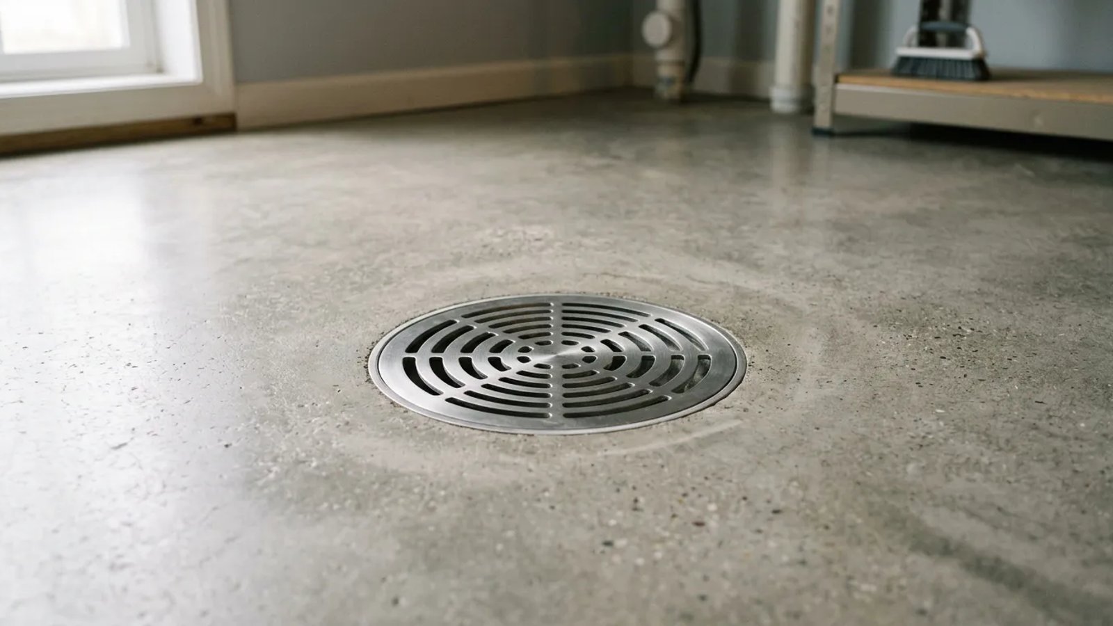 A clean metal floor drain set into a concrete basement floor.