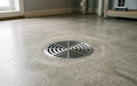 A clean metal floor drain set into a concrete basement floor.