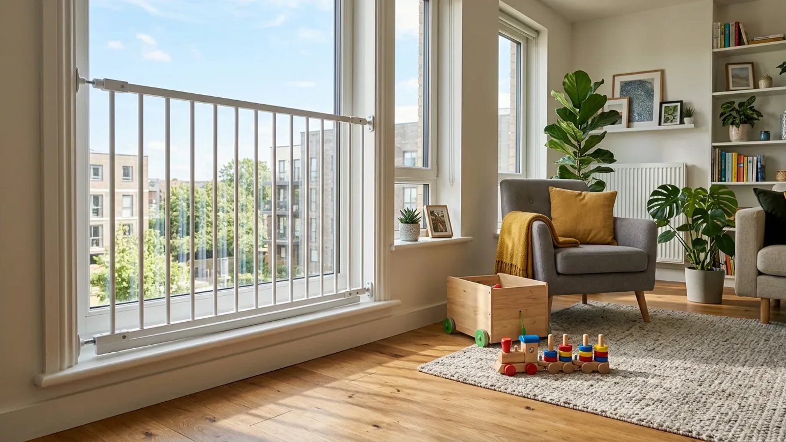 Tension-mounted window guard installed securely in a rental apartment window.