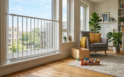 Tension-mounted window guard installed securely in a rental apartment window.
