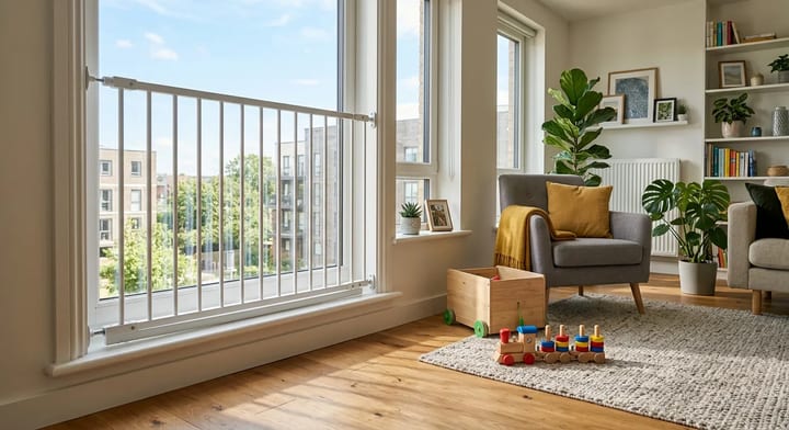 Tension-mounted window guard installed securely in a rental apartment window.