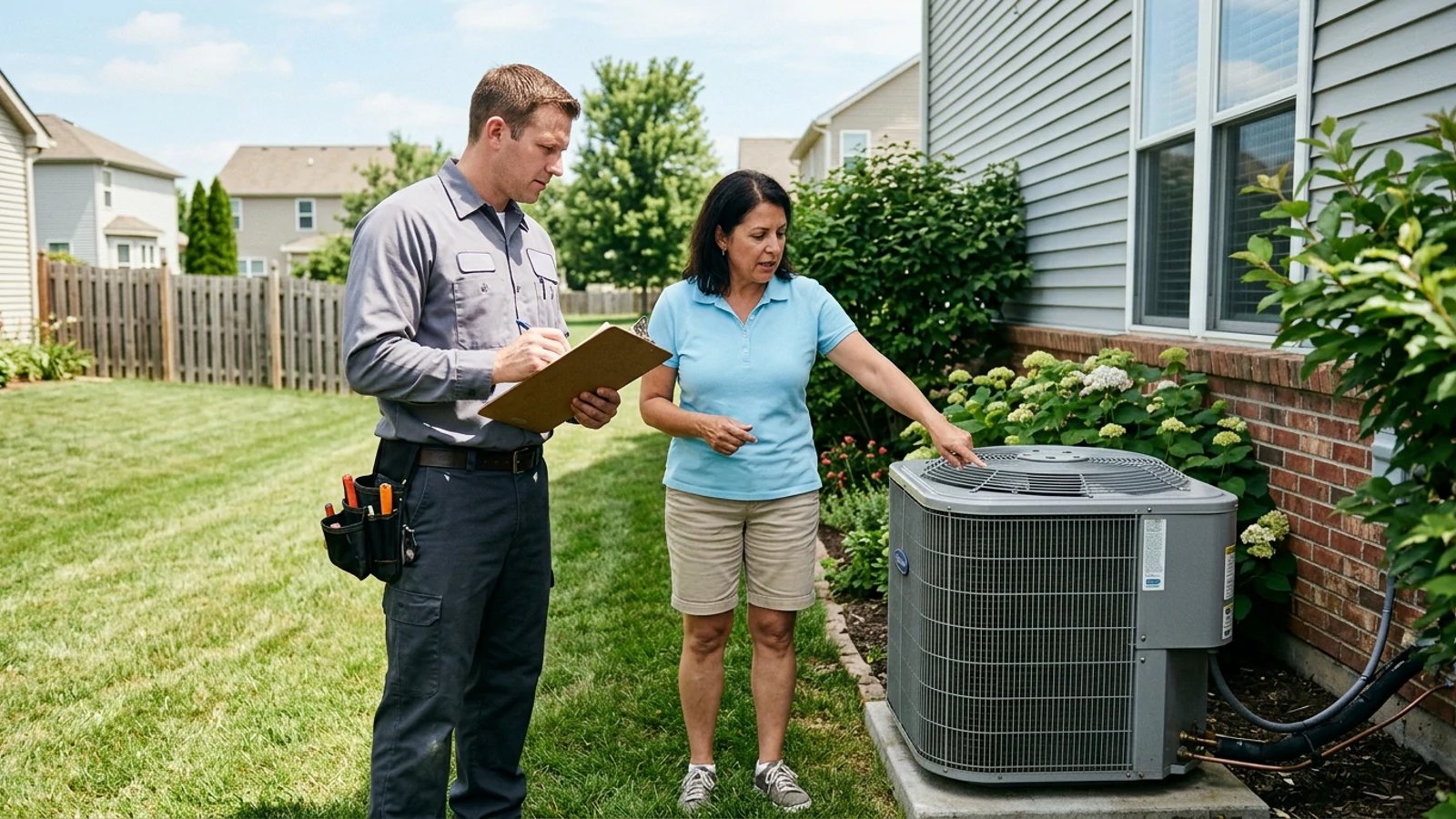 Homeowner and HVAC technician inspecting an outdoor air conditioning unit