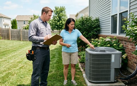 Homeowner and HVAC technician inspecting an outdoor air conditioning unit