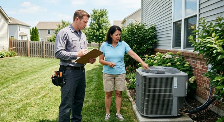 Homeowner and HVAC technician inspecting an outdoor air conditioning unit