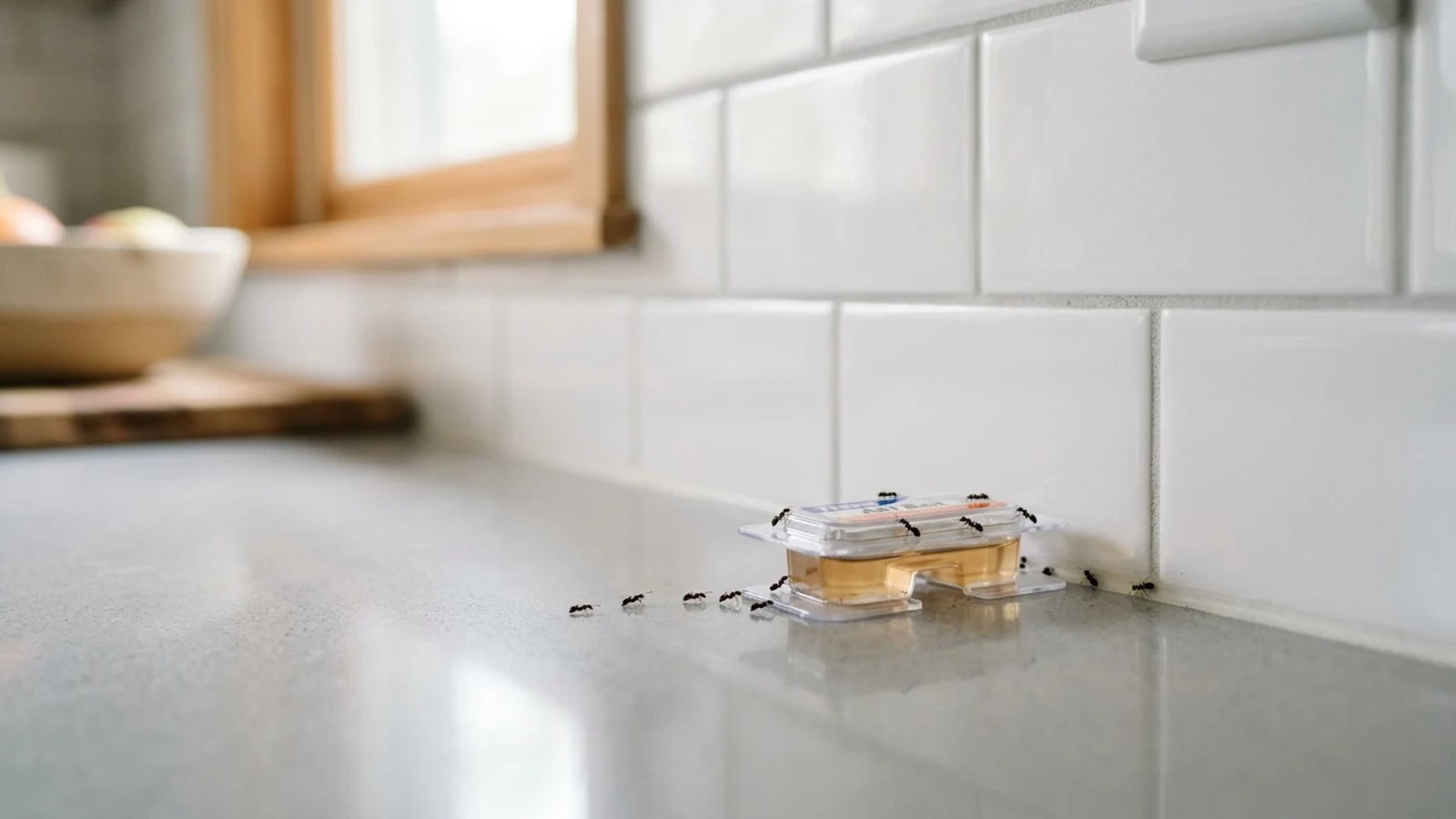 Liquid ant bait station placed on a kitchen counter near a backsplash