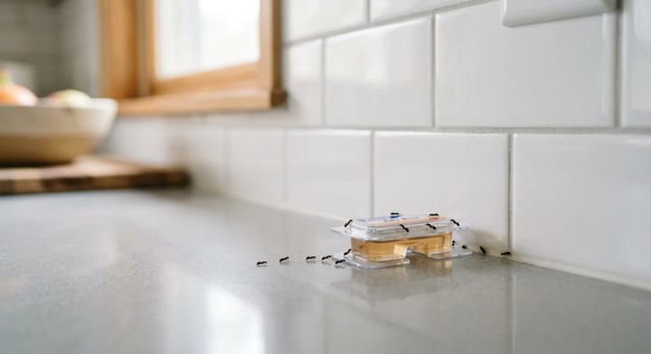 Liquid ant bait station placed on a kitchen counter near a backsplash