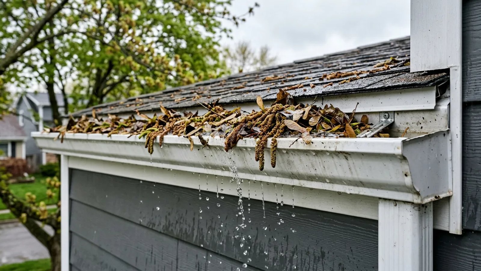 A white rain gutter packed with spring tree debris and starting to overflow